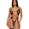 Pull My Strings Sheer Mesh Teddy w-Garters & Faux Pearl Details - Black SM - Image 2