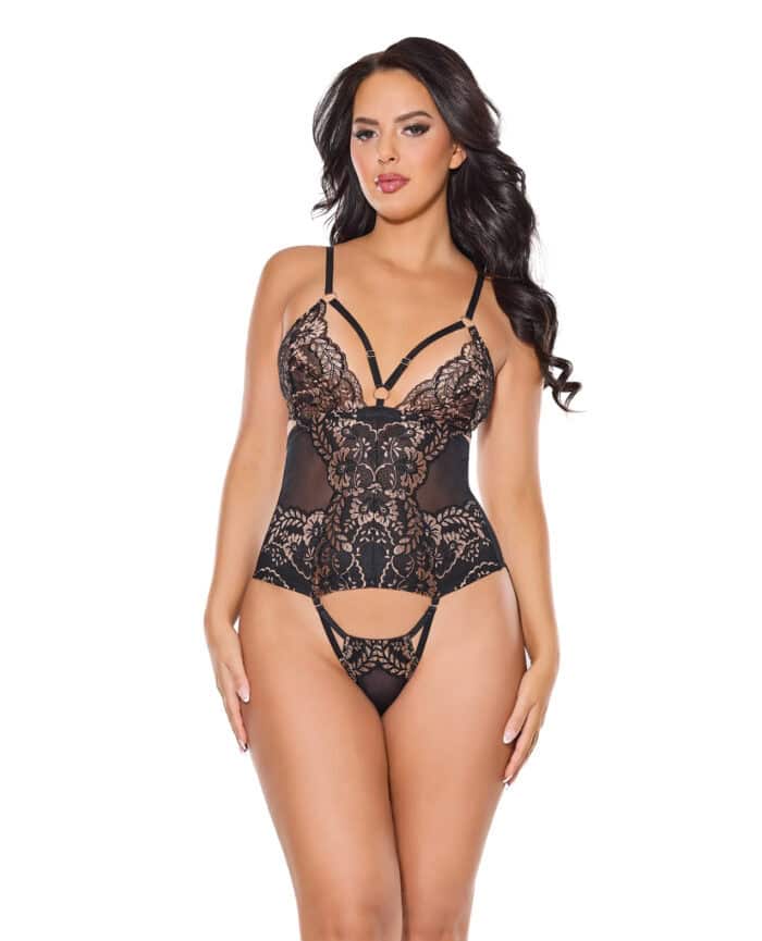 Lace and Mesh Teddy w-Removable Backless Panty - Black-Rose Gold MD