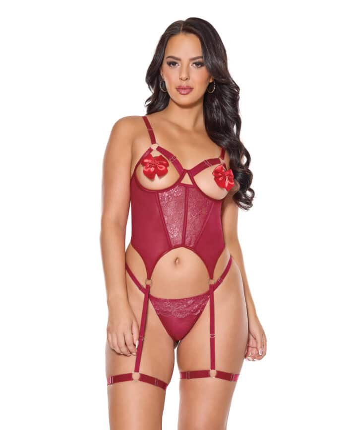 Metallic Stretch Scallop Lace and Mesh Bustier w-Thong - Red LG