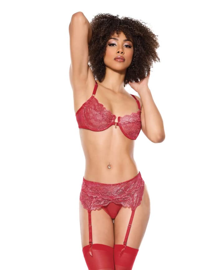 Metallic Stretch Lace Underwire Bra w-Crotchless Garter Panty - Red MD