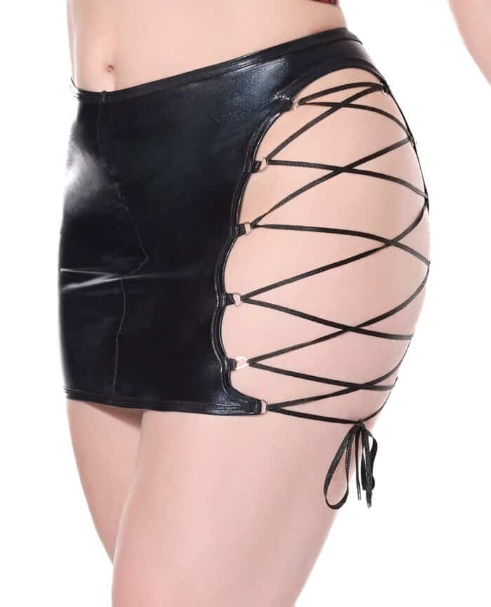 Darque Wet Look Reversible Lace Up Skirt - Black LG - Image 4