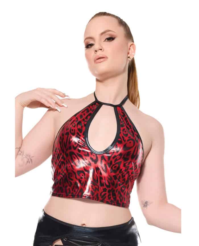 Darque Metallic Wet Look Keyhole Halter Top - Red-Black MD