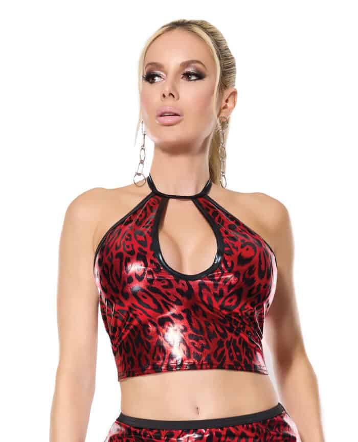 Darque Metallic Wet Look Keyhole Halter Top - Red-Black MD - Image 2