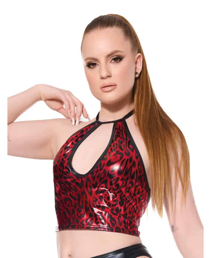 Darque Metallic Wet Look Keyhole Halter Top - Red-Black MD - Image 3