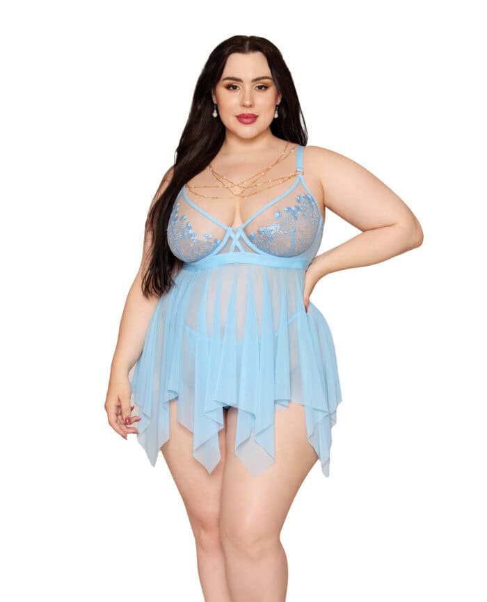 Floral Embroidered Lace and Stretch Mesh Babydoll w-G-String 2 pc Set - Arctic Blue 1X