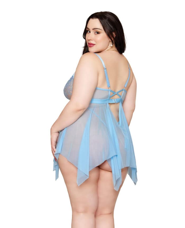 Floral Embroidered Lace and Stretch Mesh Babydoll w-G-String 2 pc Set - Arctic Blue 1X - Image 2