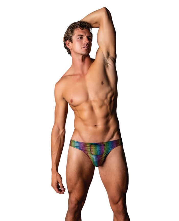 Pack & Play Thong w-Front Condom Pouch - Rainbow S-M