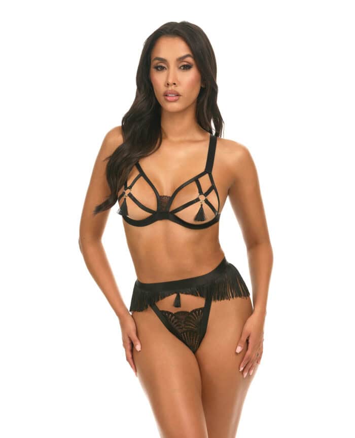 Annika Open Cup 2 pc Set w-Fringe and Tassel Detail - Black S-M