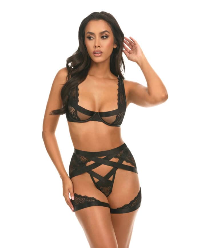 Thalia Mesh & Lace Underwire 3 pc Set - Black MD - Image 5