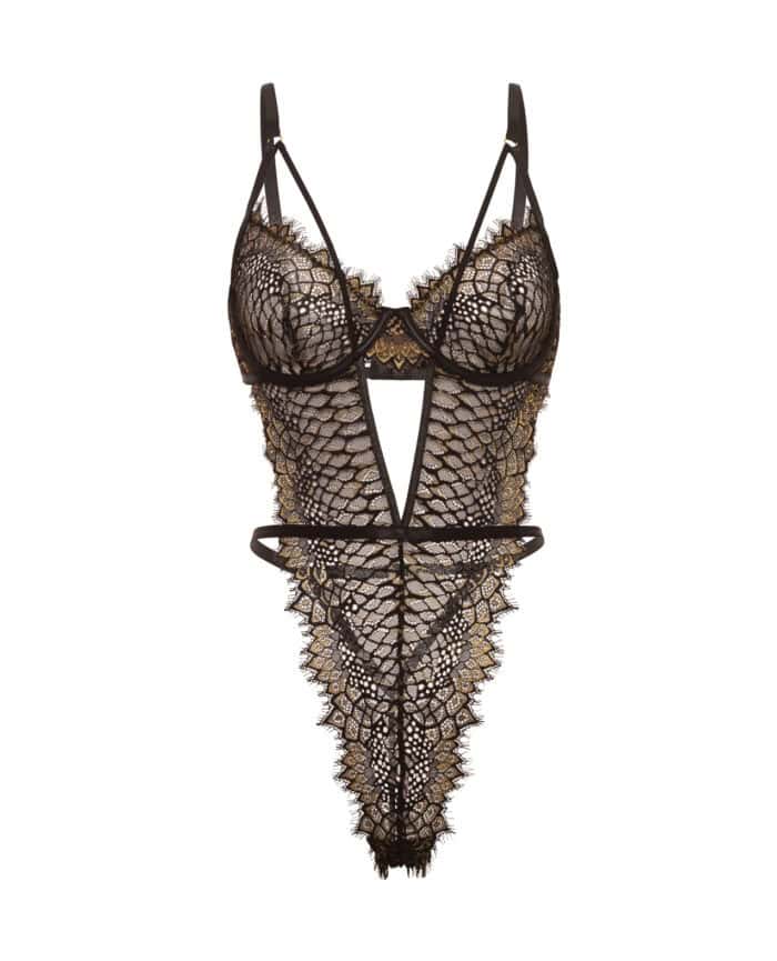 Greta Snake Eyelash Lace Teddy - Black-Gold LG - Image 3