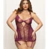 Metallic Lace with Mesh Gartered Chemise & Thong - Plum 1X-2X