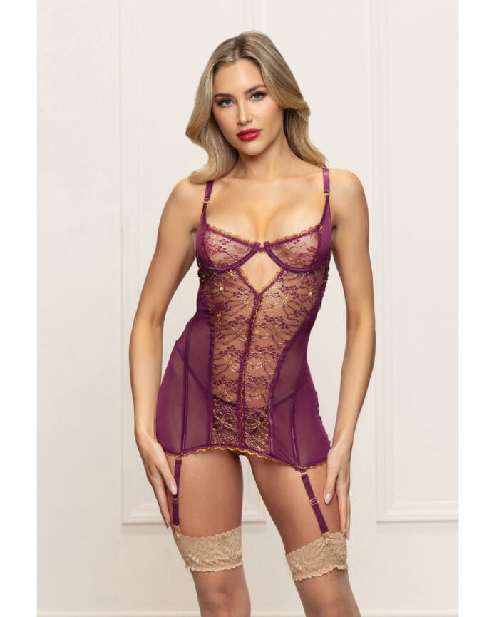 Metallic Lace with Mesh Gartered Chemise & Thong - Plum LG - Image 2