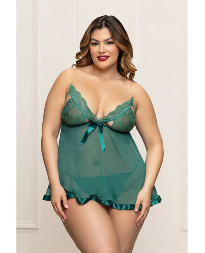 Lace and Mesh Babydoll w-Gold Straps & Thong - Green 1X-2X