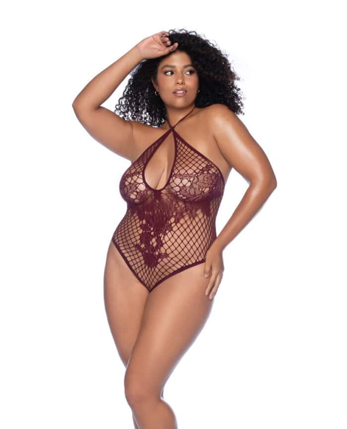 Floral Convertible Top Fishnet Bodysuit - Burgundy QN - Image 2