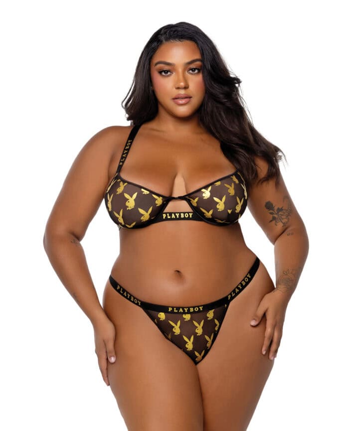 Playboy Gold Foil Mesh & Satin Bralette w-Thong 2 pc Set - Black-Gold 1