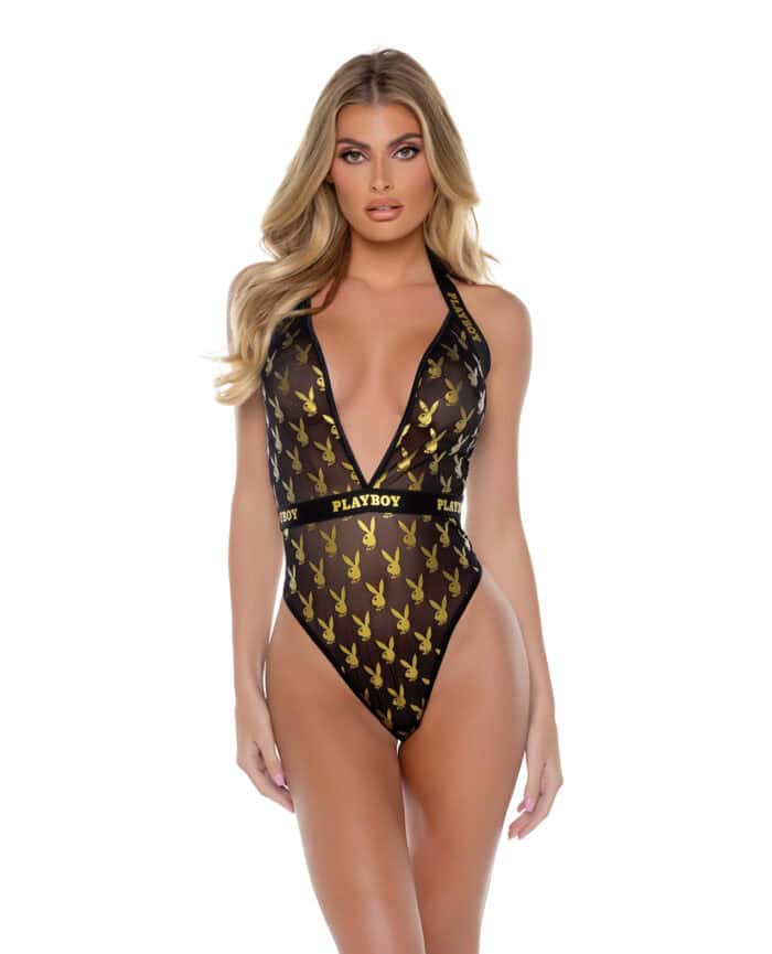 Playboy Bunny Gold Foil Halter Teddy - Black-Gold LG - Image 2