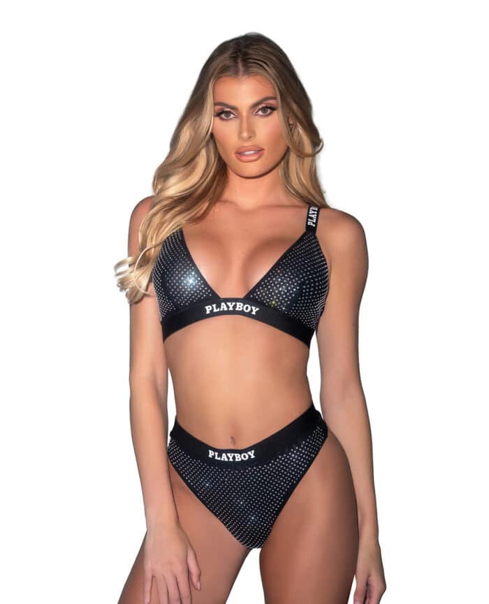 Playboy Disco Fever Rhinestone Bralette w-Thong 2 pc Set - Black MD - Image 2