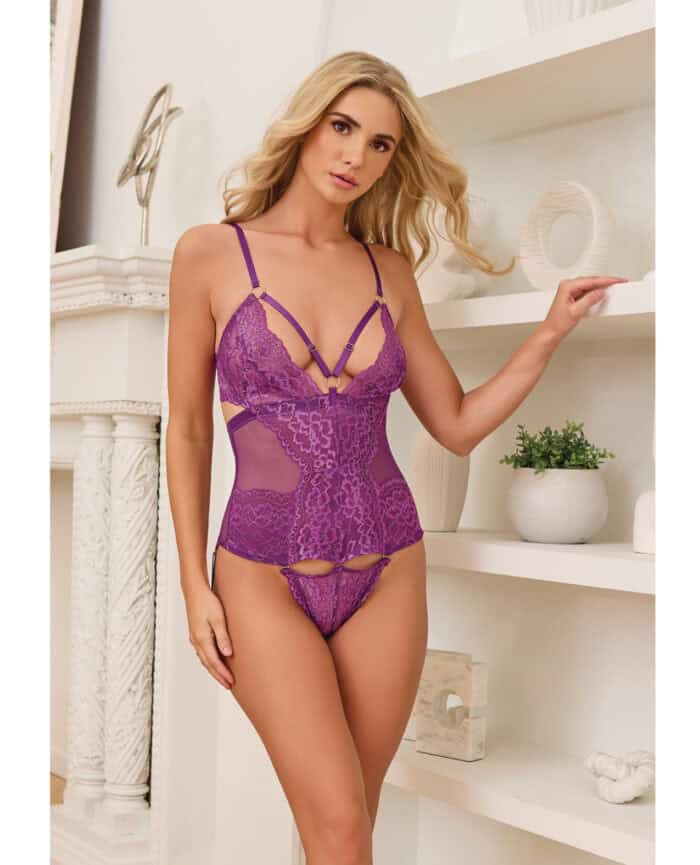 Metallic Stretch Lace & Mesh Teddy w-Detachable Panty - Purple LG - Image 2