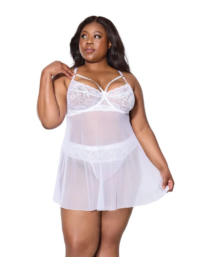 Scallop Stretch Lace & Mesh Babydoll w-Thong - White 1X-2X