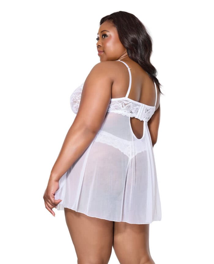 Scallop Stretch Lace & Mesh Babydoll w-Thong - White 1X-2X - Image 2