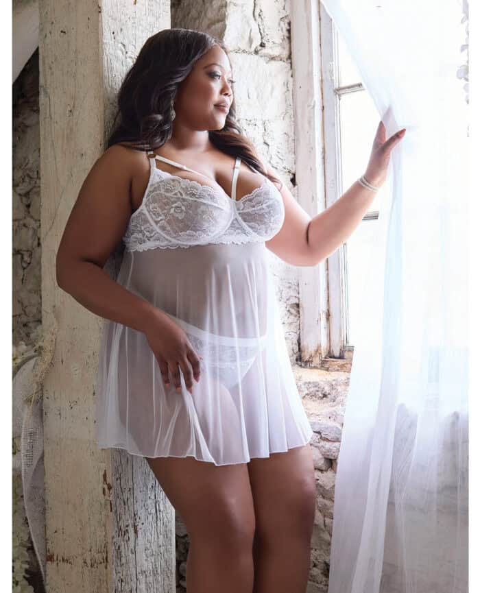 Scallop Stretch Lace & Mesh Babydoll w-Thong - White 1X-2X - Image 3