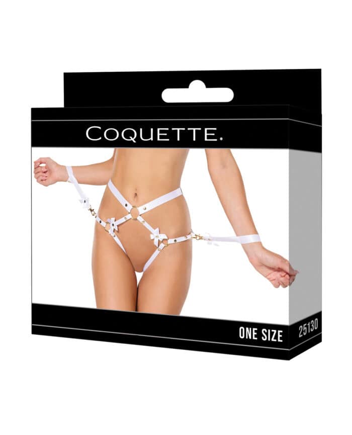 Satin Ribbon w-Elastic Harness & Cuffs Set - White-Gold O-S - Image 2