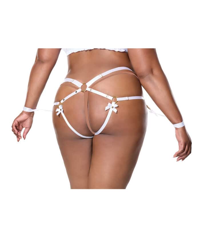 Satin Ribbon w-Elastic Harness & Cuffs Set - White-Gold QN - Image 2