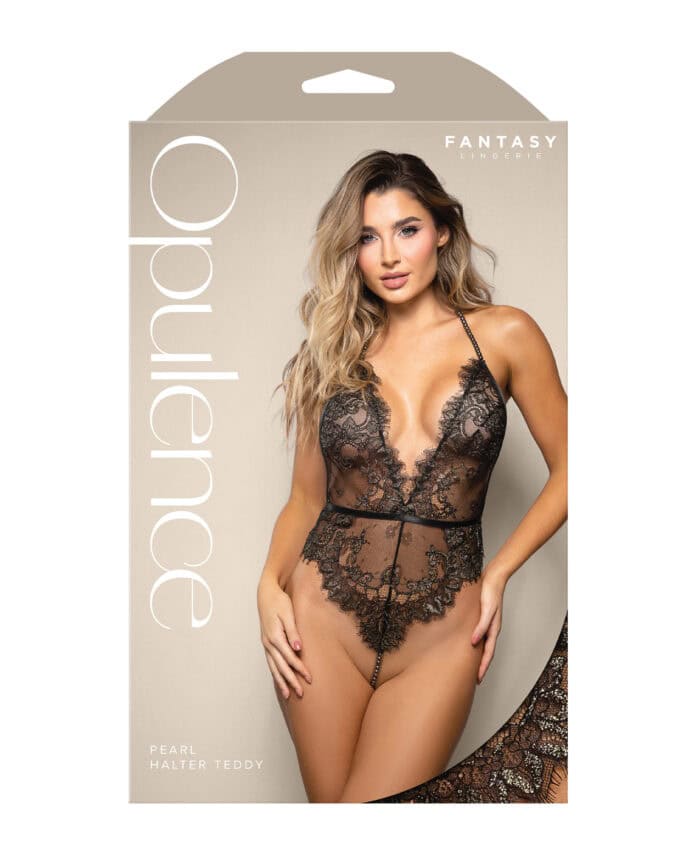 Opulence Metallic Eyelash Lace Teddy w-Pearl String Crotch - Black L-XL - Image 3