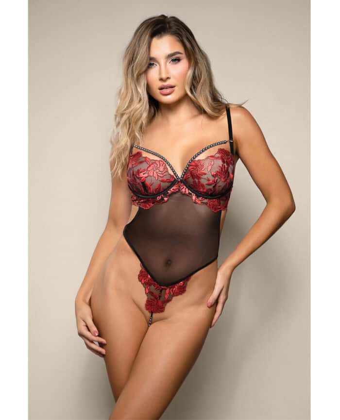 Opulence Embroidered Underwire Open Crotch Teddy w-Pearl Detail - Red L-XL