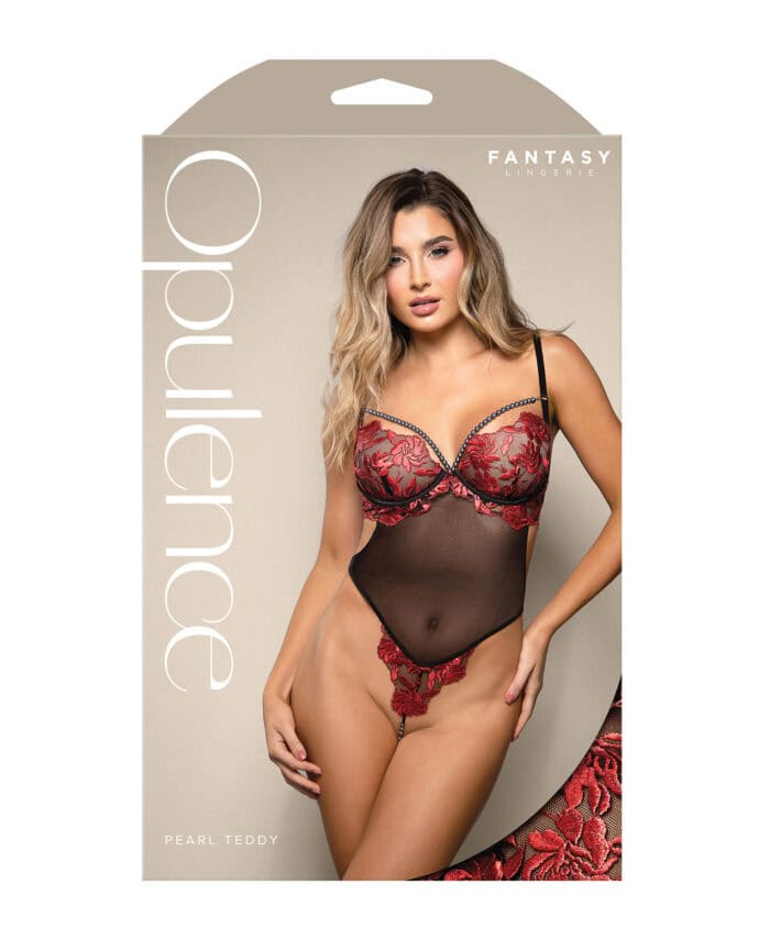 Opulence Embroidered Underwire Open Crotch Teddy w-Pearl Detail - Red L-XL - Image 2