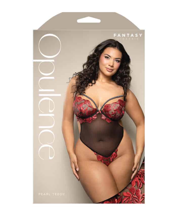 Opulence Embroidered Underwire Open Crotch Teddy w-Pearl Detail - Red QN - Image 3