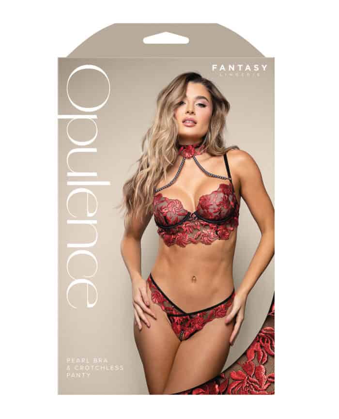 Opulence Embroidered Underwire Bralette & Crotchless Panty w-Pearl Details 2 pc Set - Red L-XL - Image 3