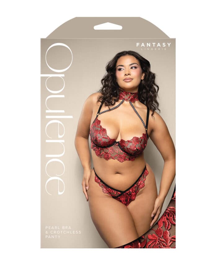 Opulence Embroidered Underwire Bralette & Crotchless Panty w-Pearl Details 2 pc Set - Red QN - Image 2