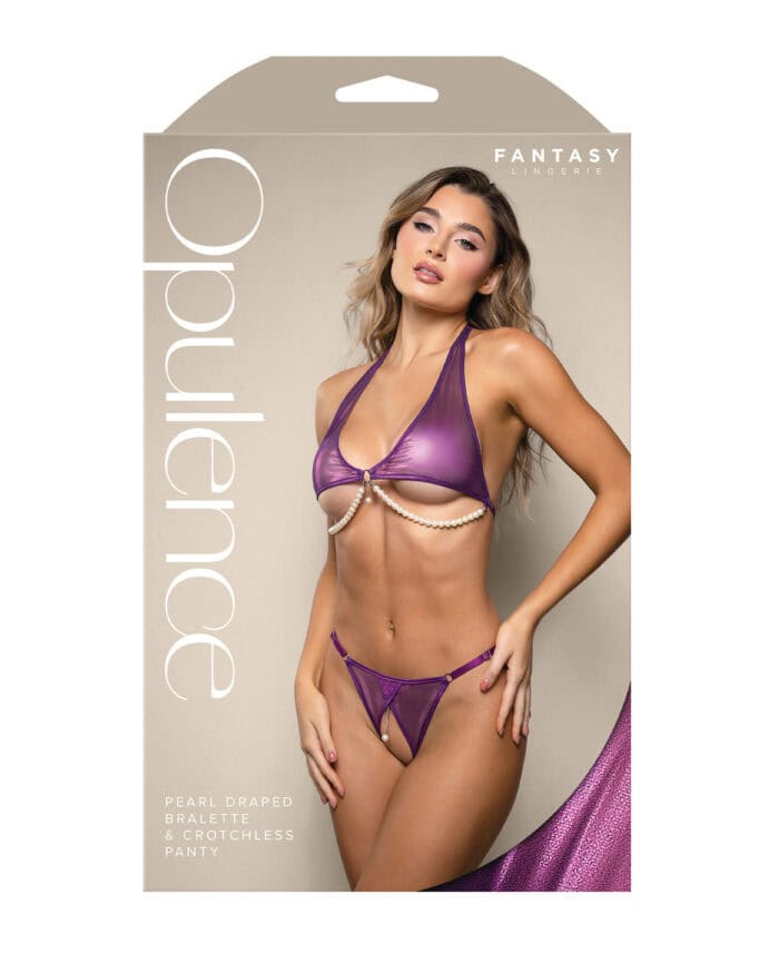 Opulence Shimmer Mesh Halter Top & Panty w-Pearl Details - Purple M-L - Image 3