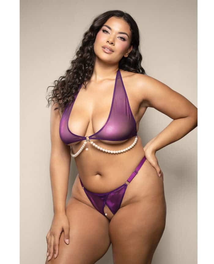 Opulence Shimmer Mesh Halter Top & Panty w-Pearl Details - Purple QN