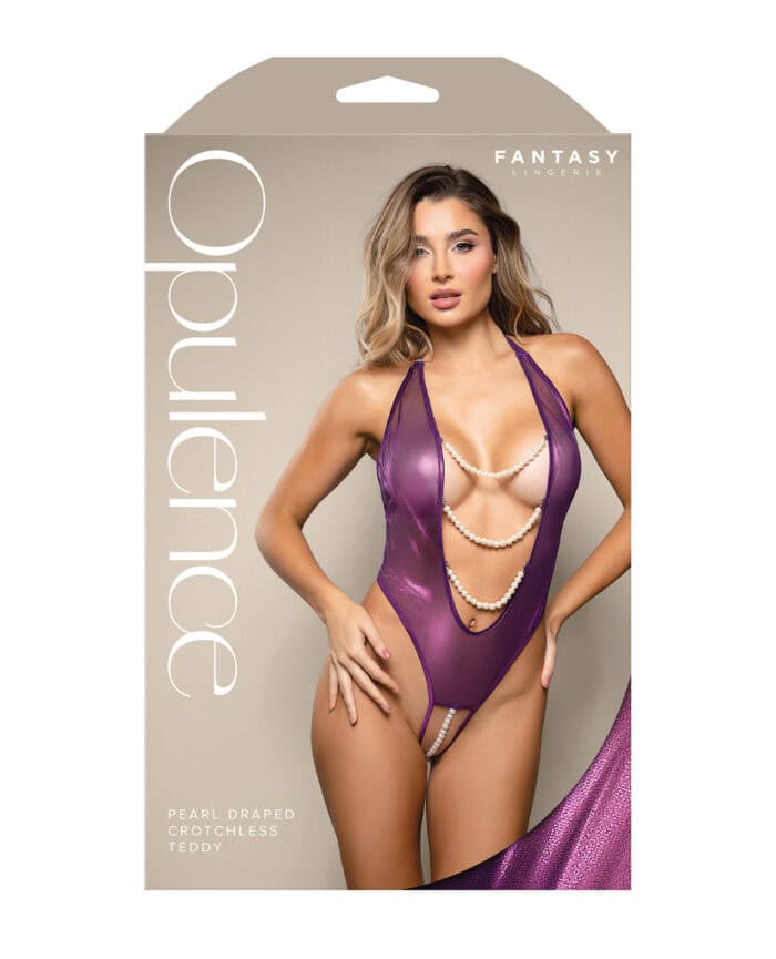 Opulence Shimmer Mesh Halter Teddy w-Pearl Details - Purple L-XL - Image 2