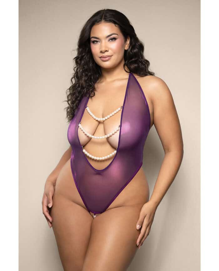 Opulence Shimmer Mesh Halter Teddy w-Pearl Details - Purple QN