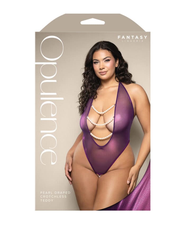 Opulence Shimmer Mesh Halter Teddy w-Pearl Details - Purple QN - Image 2