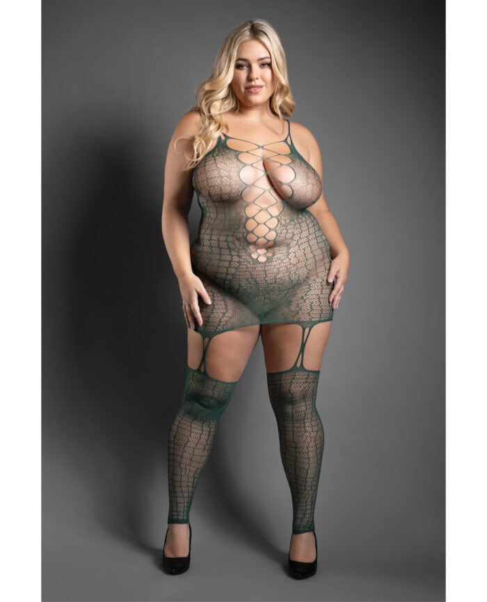 Sheer Wild Heart Reptile Print Bodystocking Dress w-Attached Stockings - Green QN