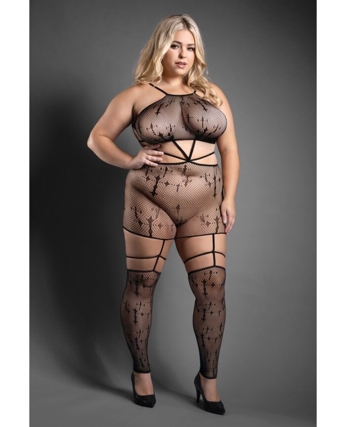 Sheer Unholy Gartered Bodystocking Dress w-Attached Stockings - Black QN