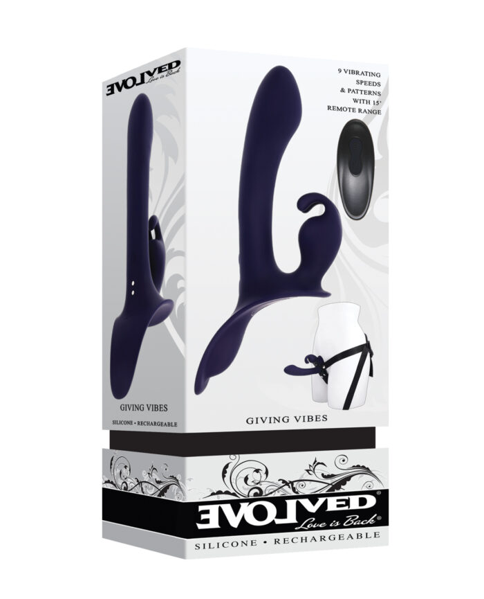 Evolved Giving Vibes Strap-On Bunny Eared Stimulator w-Remote Control - Purple