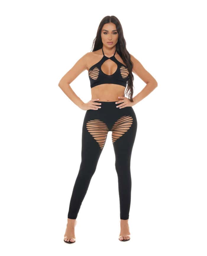 Pink Lipstick Heart Rate Halter Bra & Leggings 2 pc Set - Black O-S